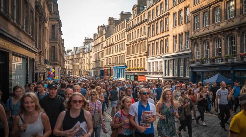 Edinburgh lively street during summer festival with crowds and historic architecture