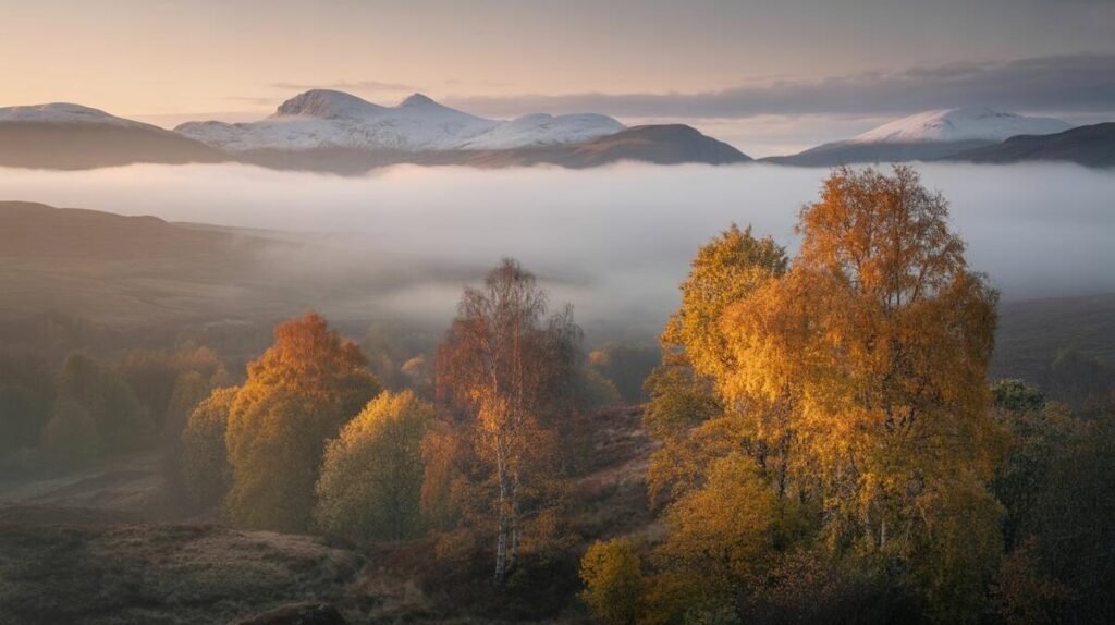Scotland in autumn and winter showing calm forests and snowy dramatic scenery
