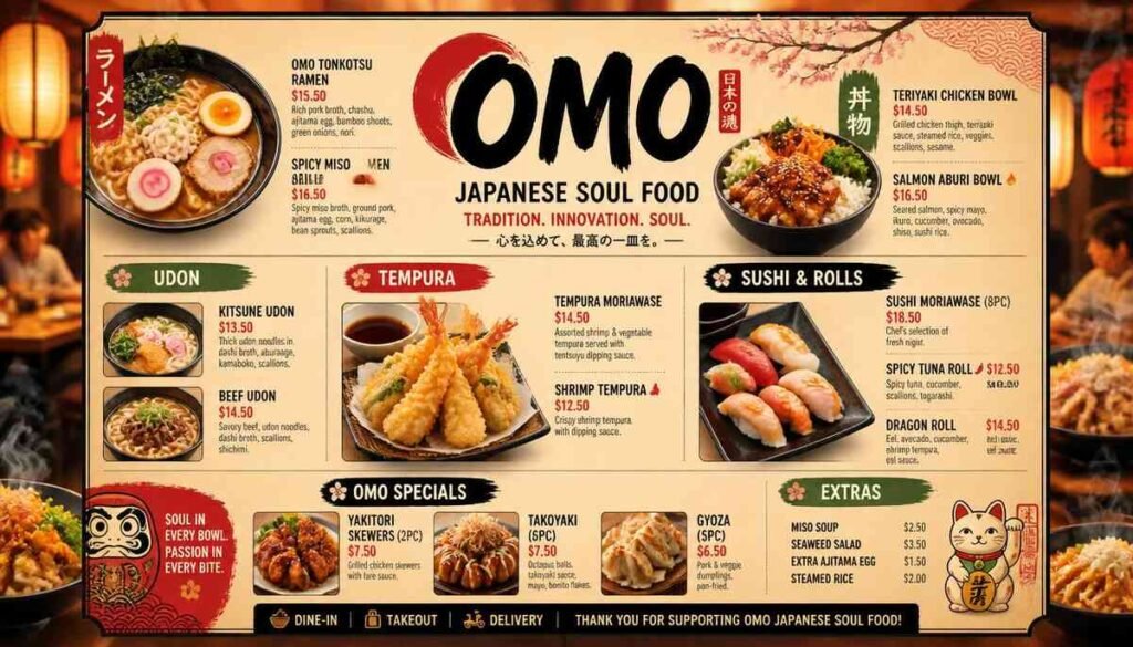 What is on the OMO Japanese Soul Food menu - OMO Japanese Soul Food Menu